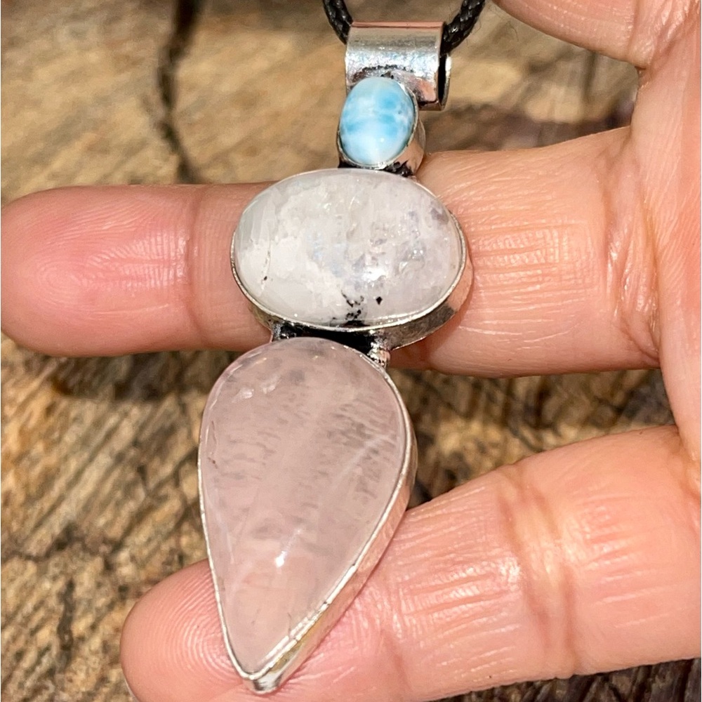 Petite Larimar, Rainbow Moonstone & Rose Quartz Crystal Pendant 2 1/2” - Picture 14 of 17